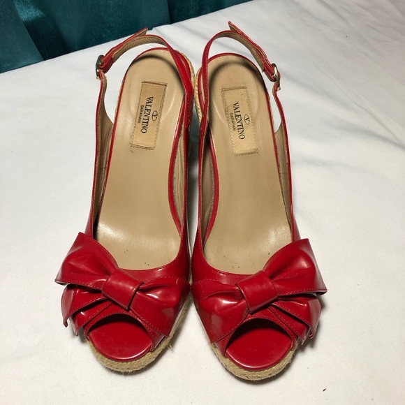 Valentino Garavani Shoes - Valentino Garavani Italy red patent leather bow wedge espadrille sandals 38